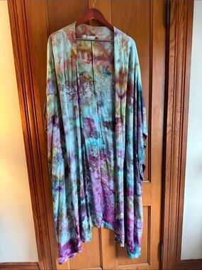 Tie-Dye Open Front Kimono/Duster- Aqua, Purple & Teal